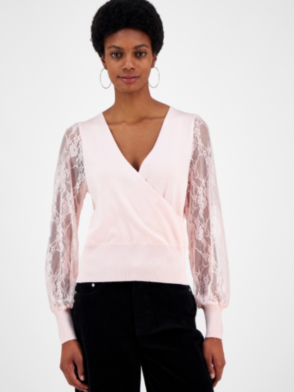 Madden Girl Juniors' Surplice-Neck Lace-Sleeve Sweater - Icy Pink SIZE L NWT